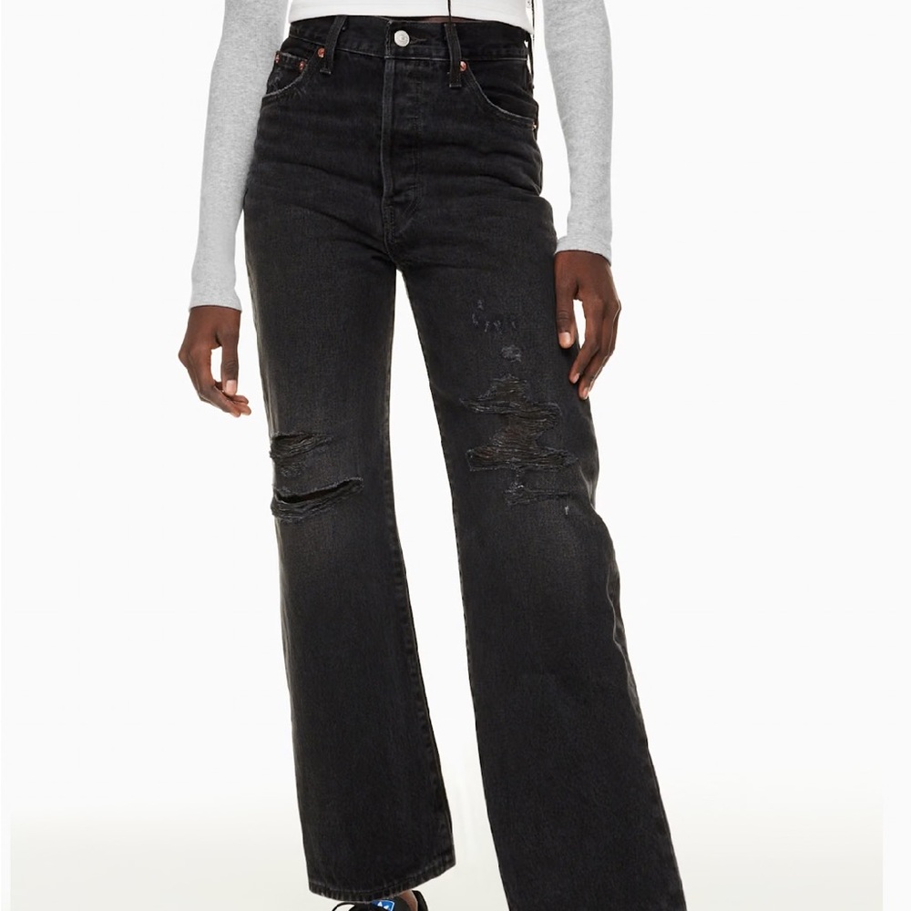 Levis Black Distressed Ribcage High Rise Straight Leg Streetwear Casual Jeans - Picture 2 of 7